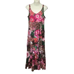 Keren Hart Womens L Midi Dress Floral Tiered Lightweight Flowy Vacation Beach